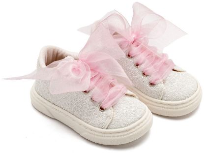 Εικόνα της Sneaker απο Ύφασμα Glitter με Κορδέλα EXC5871 Λευκό Ροζ
