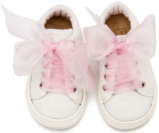 Εικόνα της Sneaker απο Ύφασμα Glitter με Κορδέλα EXC5871 Λευκό Ροζ