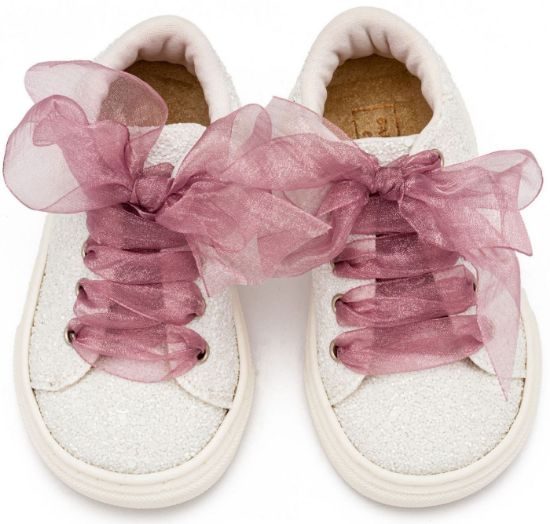 Εικόνα της Sneaker απο Ύφασμα Glitter με Κορδέλα EXC5871 Λευκό Ροζ Αντικέ