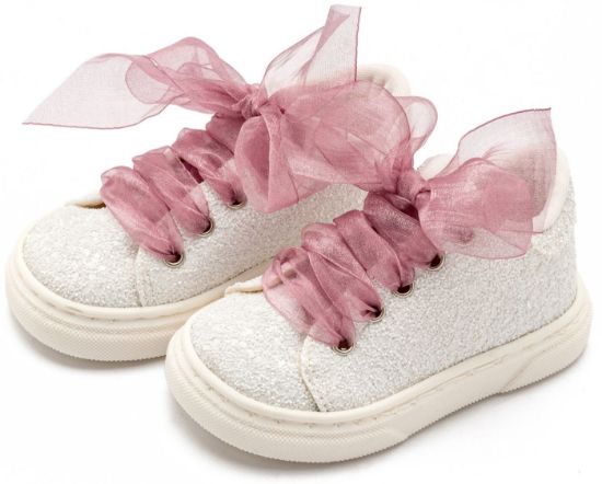 Εικόνα της Sneaker απο Ύφασμα Glitter με Κορδέλα EXC5871 Λευκό Ροζ Αντικέ