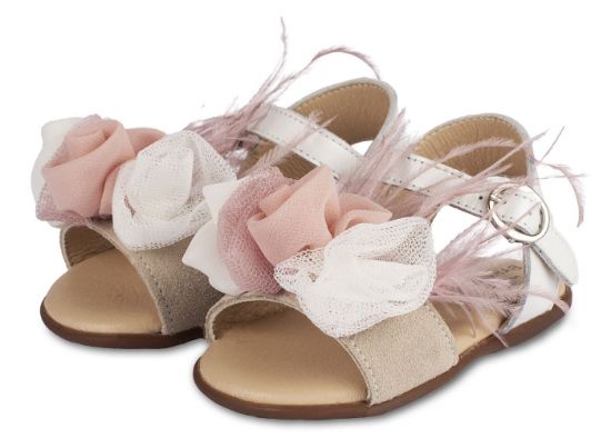 Εικόνα της Πέδιλο Διακοσμημένο με Λουλούδια και Φτερά  PRI2616 Εκρού Ροζ