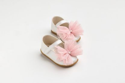 Εικόνα της K629P - Μπαλαρίνα για τα πρώτα βήματα σε εκρού τεχνόδερμα με χειροποίητο φιόγκο από dusty pink πουά πλισέ τούλι