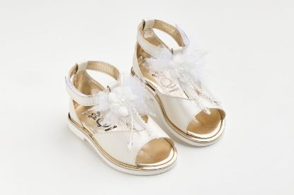 Εικόνα της K646E - Σανδάλι περπατήματος σε εκρού δέρμα διακοσμημένο με off white χειροποίητο διακοσμητικό τούλι γκλιτερ, λουλούδι και παγιέτες