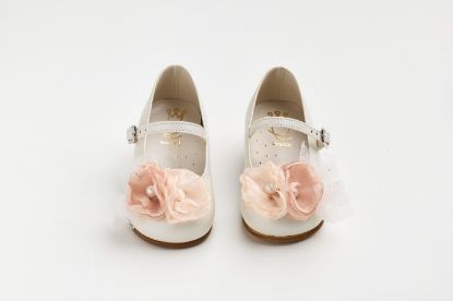 Μπαλαρίνα περπατήματος σε εκρού δέρμα με σομόν, σάπιο μήλο χειροποίητο διακοσμητικό και γκλιτερ τούλι