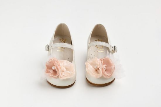 Μπαλαρίνα περπατήματος σε εκρού δέρμα με σομόν, σάπιο μήλο χειροποίητο διακοσμητικό και γκλιτερ τούλι