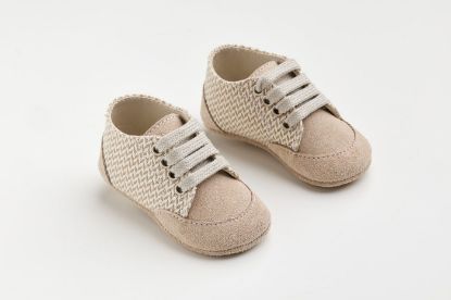 Παπουτσάκι αγκαλιάς σε μπεζ καστόρ δέρμα και μπεζ ύφασμα με μοτίβο