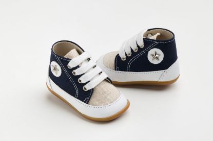 Εικόνα της A611M - μποτάκι πρώτα βήματα σε λευκό δέρμα, μπλε και εκρού ύφασμα