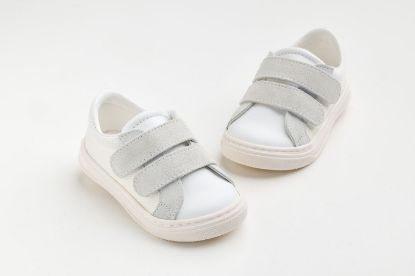 Εικόνα της A628A - παπουτσάκι περπατήματος σε λευκό ύφασμα, λευκό καστόρ και λείο Δέρμα