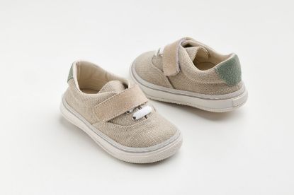 Παπουτσάκι περπατήματος σε μπεζ ύφασμα, μέντα και μπεζ καστόρ δέρμα και κλείσιμο με ελαστικό κορδόνι και Velcro