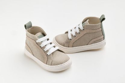 Εικόνα της A633E - μποτάκι περπατήματος σε μπεζ ύφασμα και λεπτομέρεια από μπεζ και μέντα καστόρ δέρμα