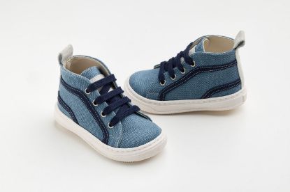 Εικόνα της A633M - μποτάκι περπατήματος σε μπλε ύφασμα και λεπτομέρεια από μπεζ και λευκό καστόρ δέρμα