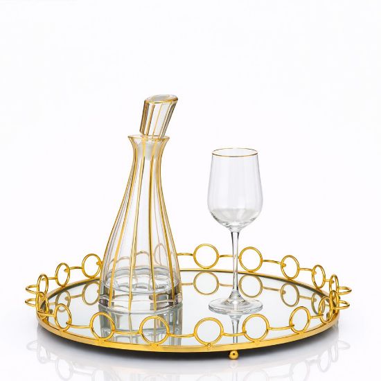 Πολυτελές σετ γάμου χρυσό με στρογγυλό δίσκο καθρέπτη & κρυστάλλινη καράφα με ρίγες από το Day Dream Events
