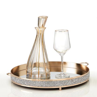 Πολυτελές σετ γάμου χρυσό με στρογγυλό δίσκο καθρέπτη, Glitter & κρυστάλλινη καράφα με ρίγες απο το Day Dream Events