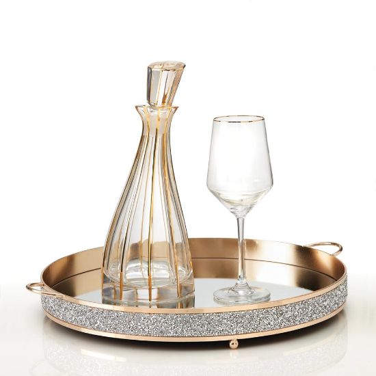 Πολυτελές σετ γάμου χρυσό με στρογγυλό δίσκο καθρέπτη, Glitter & κρυστάλλινη καράφα με ρίγες απο το Day Dream Events