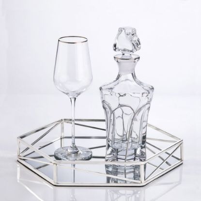 Ασημί μοντέρνο σετ γάμου με εξάγωνο δίσκο καθρέπτη, κρυστάλλινη καράφα και ποτήρι