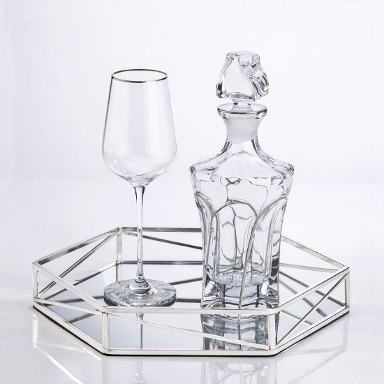 Ασημί μοντέρνο σετ γάμου με εξάγωνο δίσκο καθρέπτη, κρυστάλλινη καράφα και ποτήρι