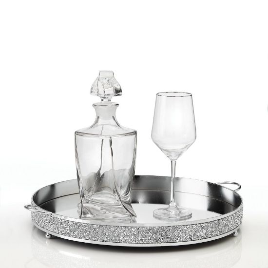 Πολυτελές σετ κουμπάρου με κρυστάλλινη καράφα, ασημί δίσκο με στρας και ποτήρι