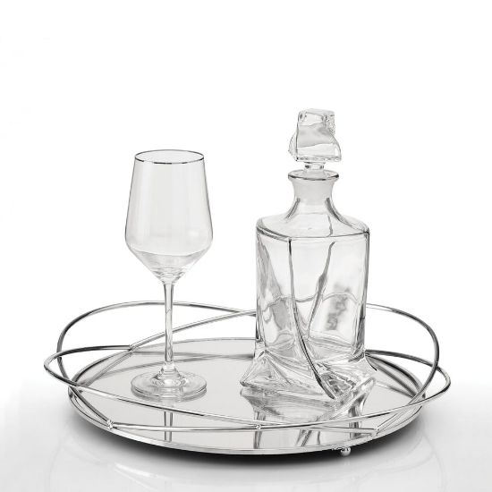 Minimal σετ κουμπάρου με ασημί δίσκο καθρέπτη, στριφτή κρυστάλλινη καράφα και ποτήρι