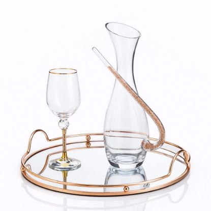 Σετ κουμπάρου με ροζ-χρυσή κρυστάλλινη καράφα, ποτήρι κρασιού και δίσκο καθρέπτη