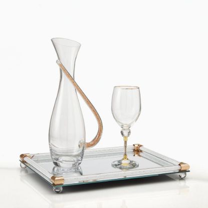 Πολυτελές σετ κουμπάρου με χρυσό δίσκο καθρέπτη, καράφα με Glitter λαβή και ποτήρι κρασιού