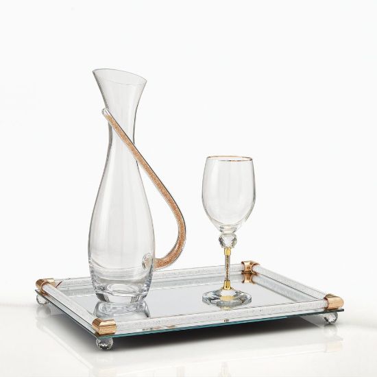 Πολυτελές σετ κουμπάρου με χρυσό δίσκο καθρέπτη, καράφα με Glitter λαβή και ποτήρι κρασιού