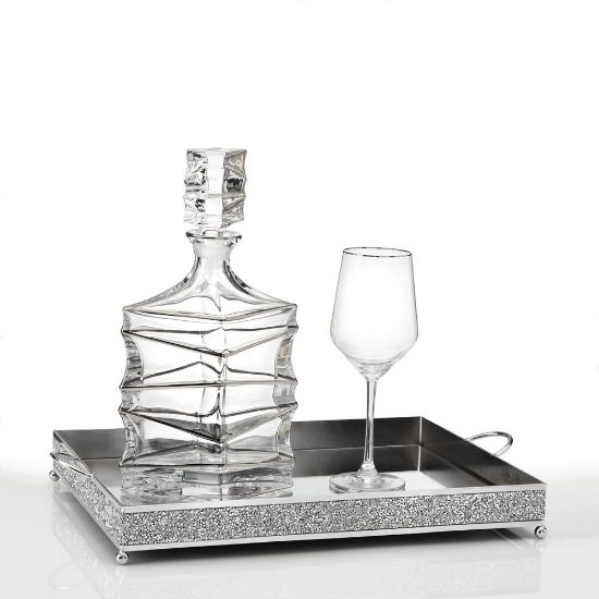 Σετ κουμπάρου με στρας ασημί δίσκο καθρέπτη, κρυστάλλινη καράφα και ποτήρι κρασιού