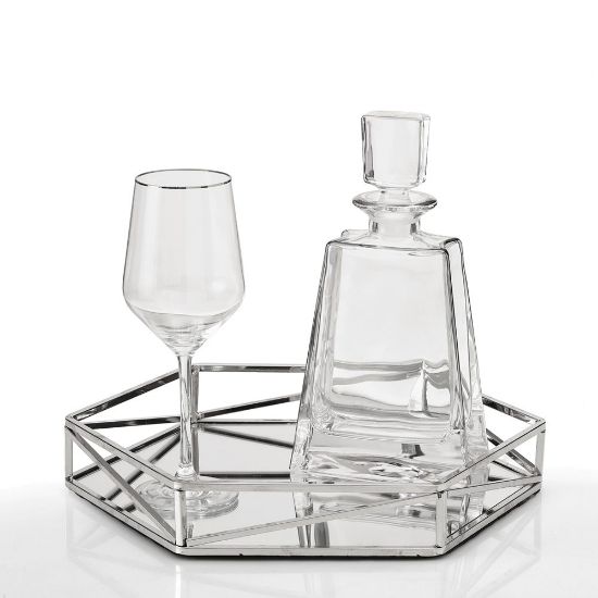 Μοντέρνο σετ κουμπάρου ασημί με εξάγωνο δίσκο καθρέπτη και καράφα