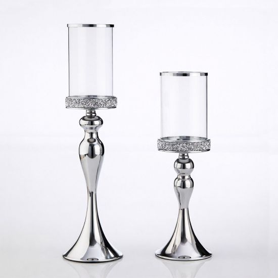 Σετ λαμπάδων γάμου με κρυστάλλινα κηροπήγια, σε ασημί χρώμα