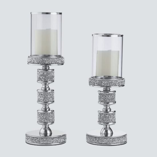 Σετ λαμπάδων γάμου με κρυστάλλινα κηροπήγια, ασημένιες λεπτομέρειες και λευκά αρωματικά κεριά