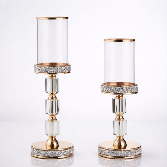 Σετ λαμπάδων γάμου με κρυστάλλινα κηροπήγια και χρυσές λεπτομέρειες